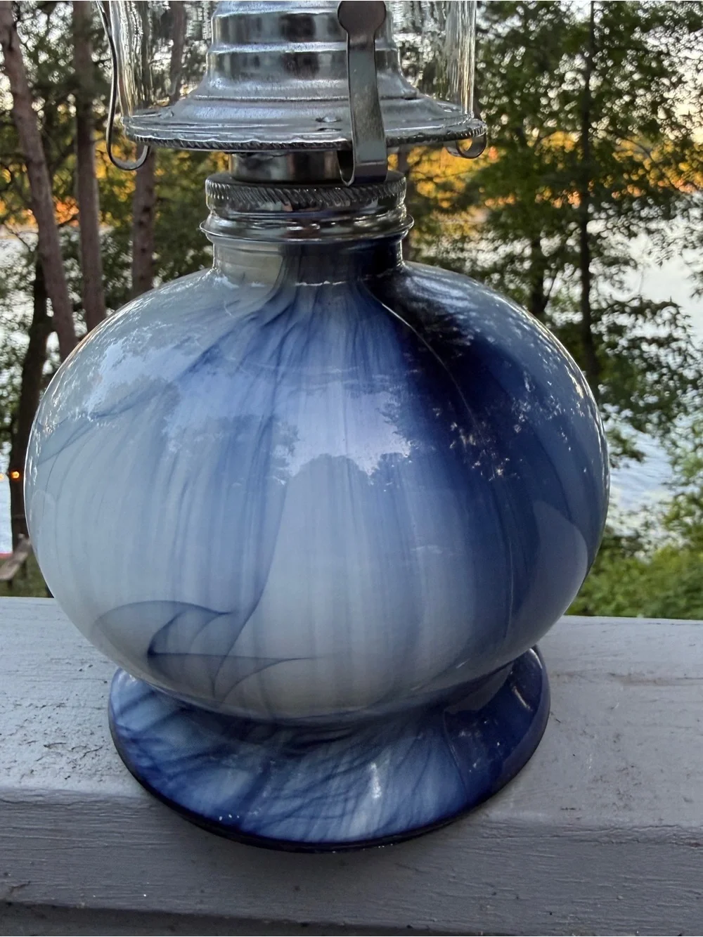 Blue Swirl Hurricane Kerosene Oil Lamp Glass Marbled Prairie CottageCo Homestead